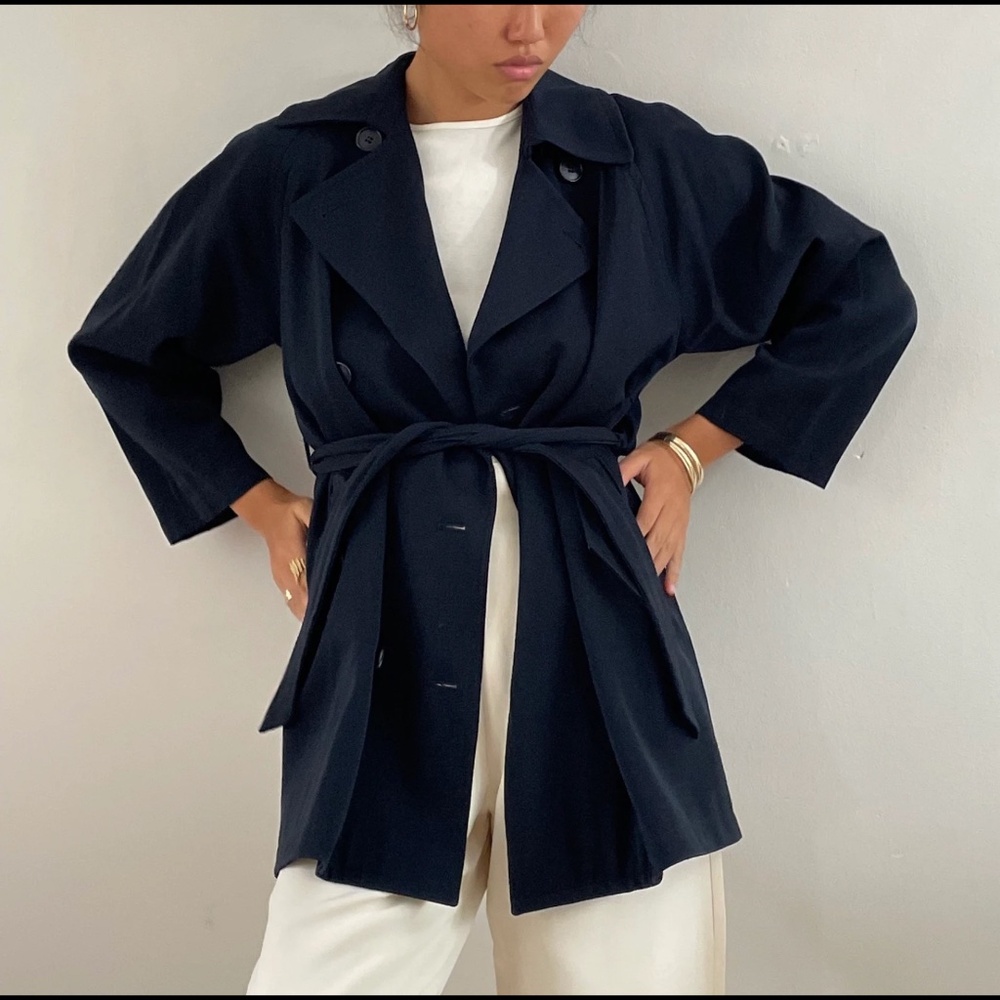 100% wool USA Union label! vintage Woolmark Saks belted trench coat Perry Ellis